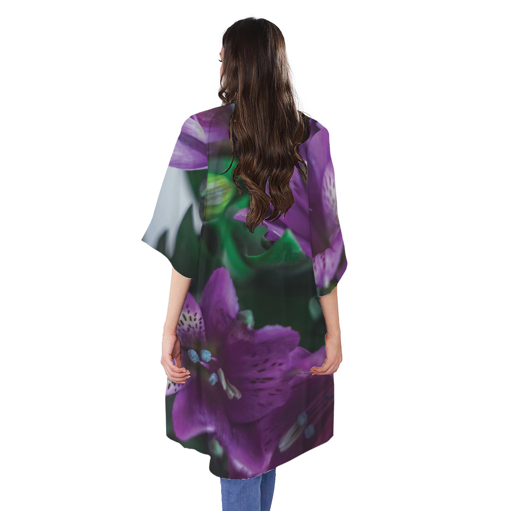 Purple Alstroemeria Print Open Front Beach Cover Up