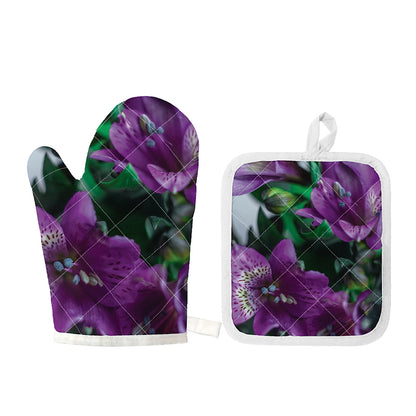 Purple Alstroemeria Print Oven Mitt And Pot Holder Set