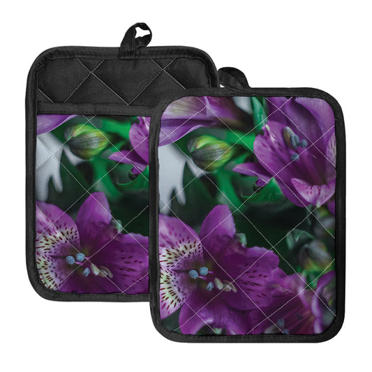 Purple Alstroemeria Print Pot Holders With Pocket