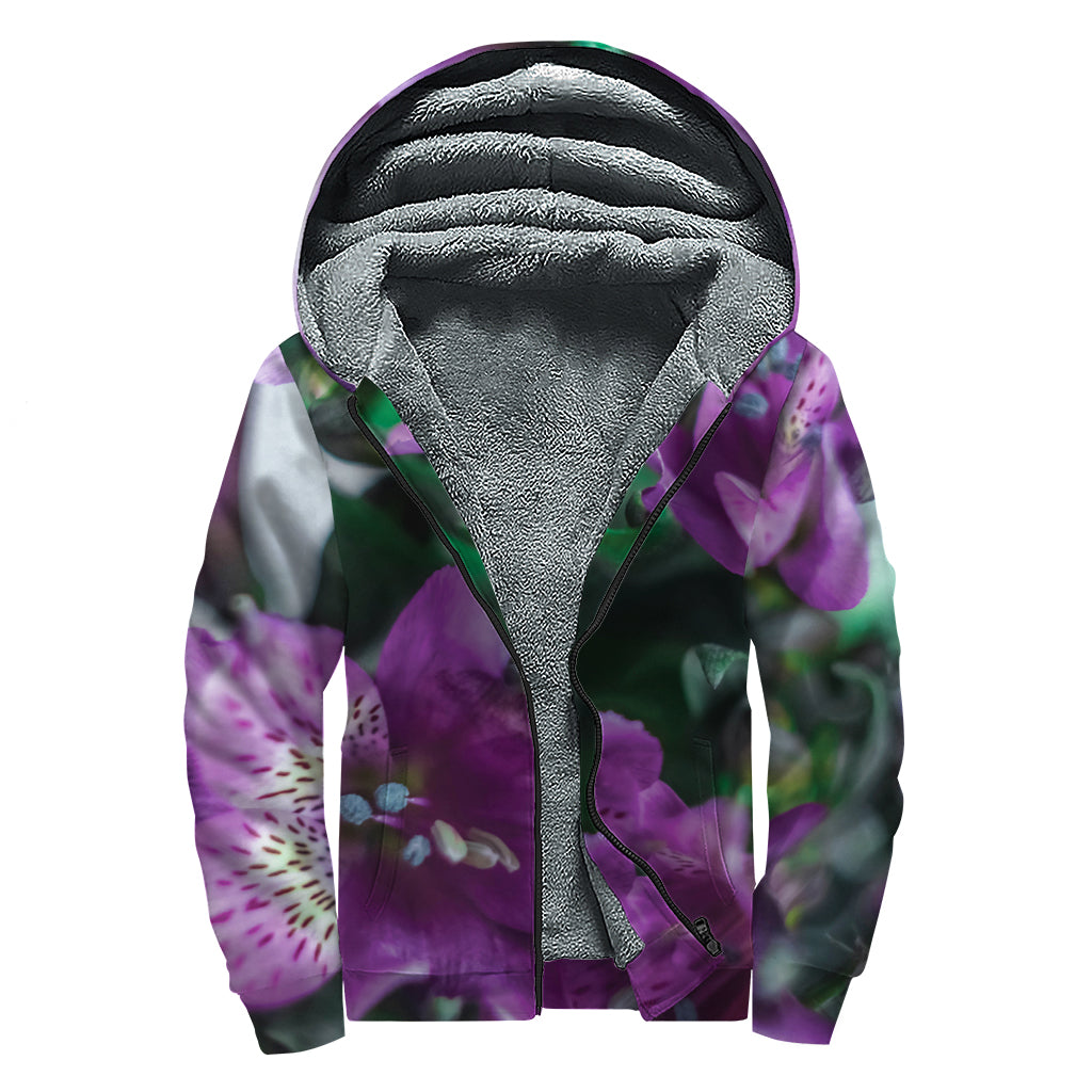 Purple Alstroemeria Print Sherpa Lined Zip Up Hoodie