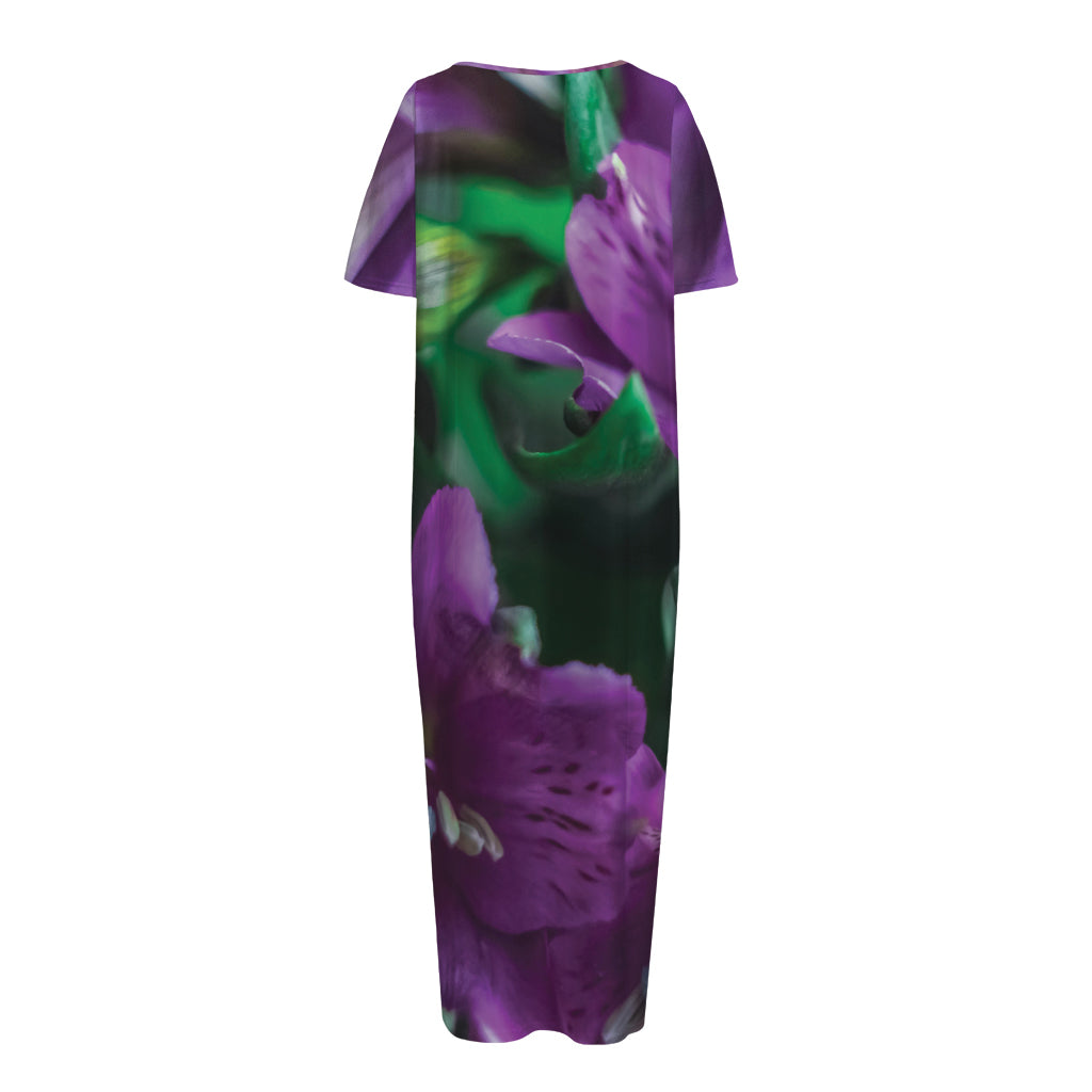 Purple Alstroemeria Print Short Sleeve Long Nightdress