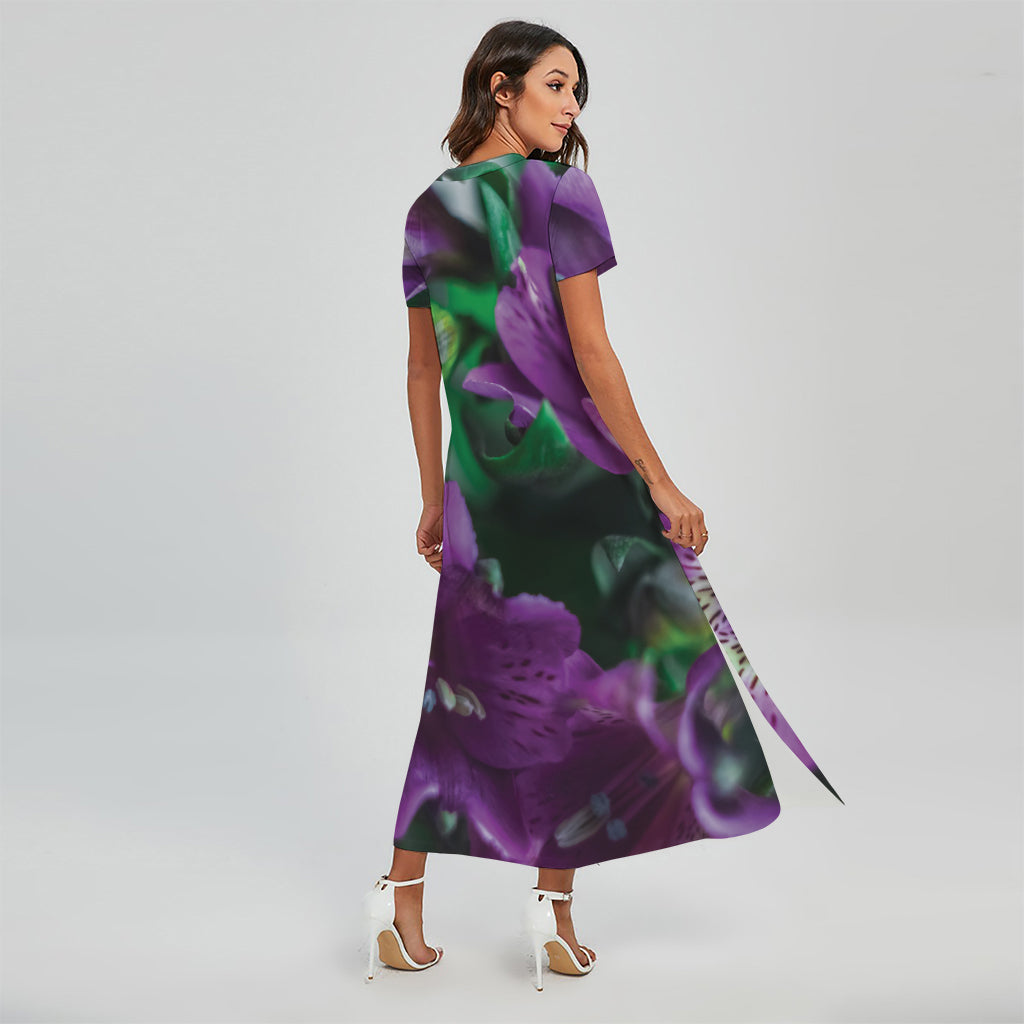 Purple Alstroemeria Print Short Sleeve Maxi Dress