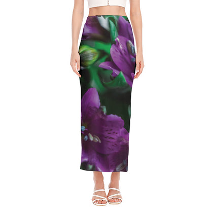 Purple Alstroemeria Print Side Slit Maxi Skirt