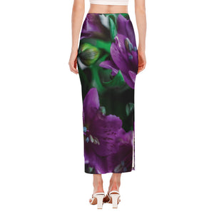 Purple Alstroemeria Print Side Slit Maxi Skirt