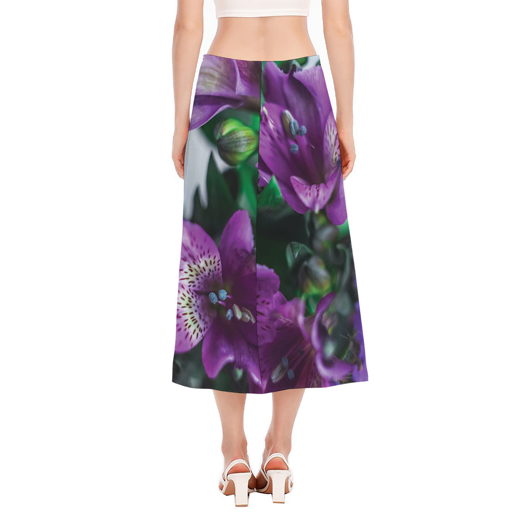 Purple Alstroemeria Print Side Slit Midi Skirt