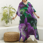 Purple Alstroemeria Print Silk V-Neck Kaftan Dress