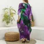 Purple Alstroemeria Print Silk V-Neck Kaftan Dress