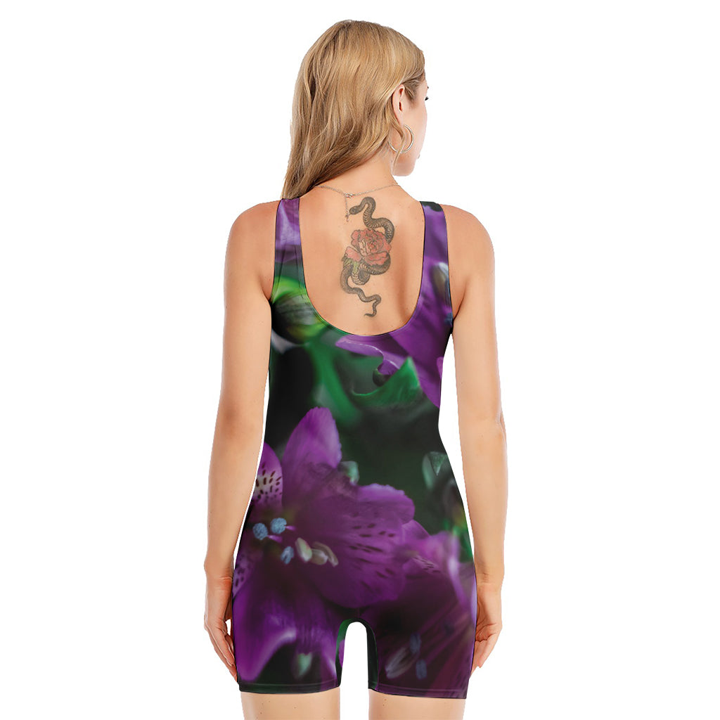 Purple Alstroemeria Print Sleeveless One Piece Swimsuit