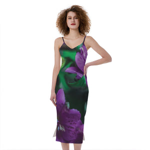 Purple Alstroemeria Print Slim Fit Midi Cami Dress