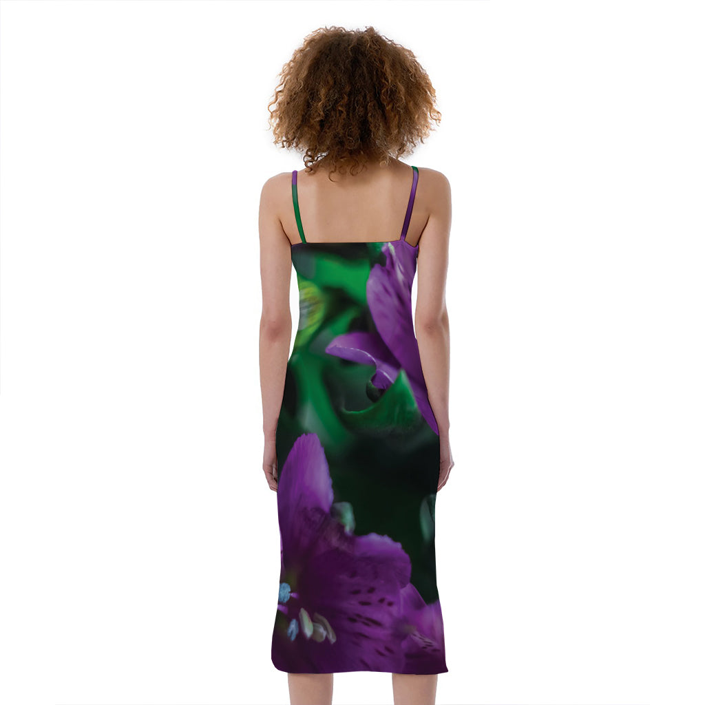 Purple Alstroemeria Print Slim Fit Midi Cami Dress