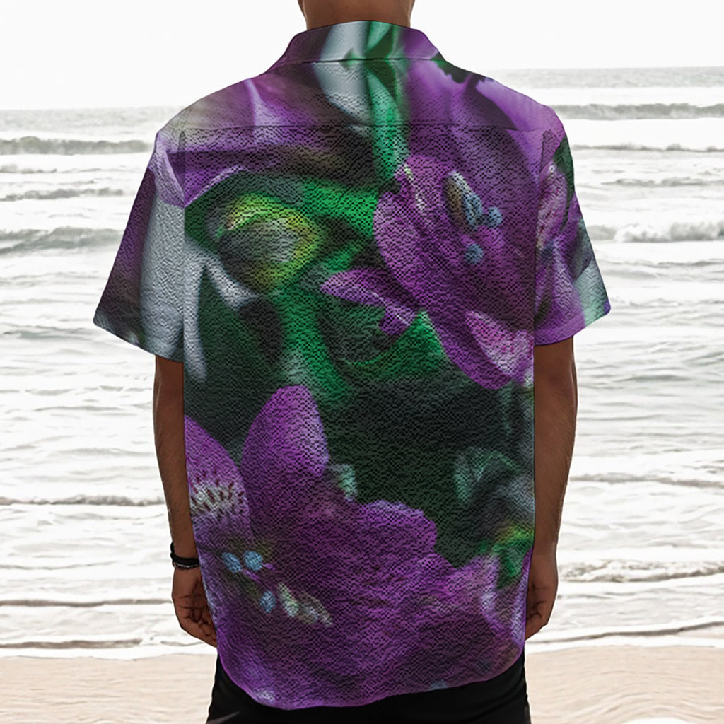 Purple Alstroemeria Print Textured Short Sleeve Shirt