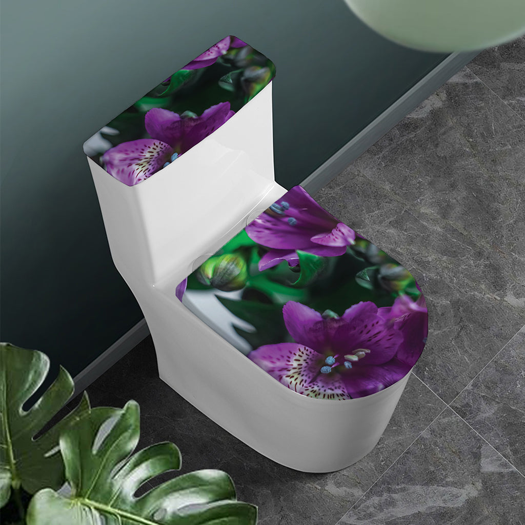 Purple Alstroemeria Print Toilet Lid And Tank Cover Set