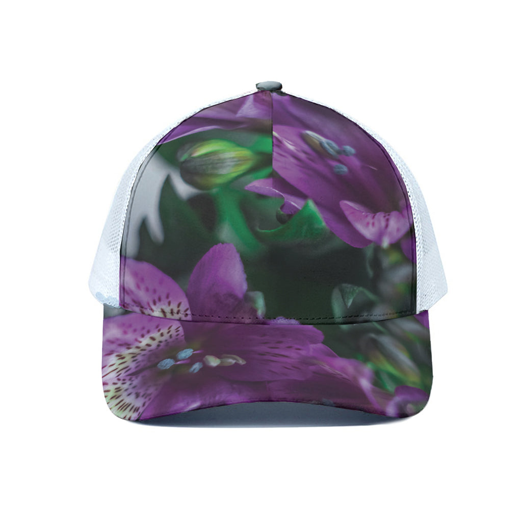 Purple Alstroemeria Print White Mesh Trucker Cap