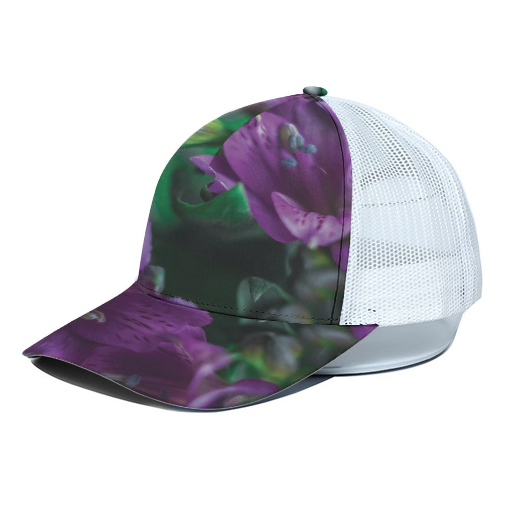 Purple Alstroemeria Print White Mesh Trucker Cap