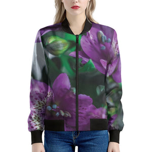 Purple Alstroemeria Print Women's Bomber Jacket