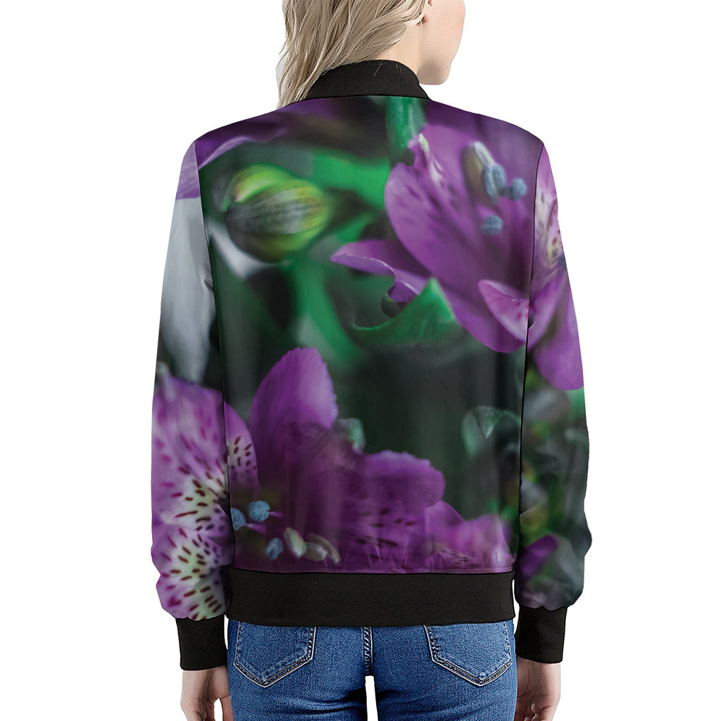 Purple Alstroemeria Print Women's Bomber Jacket