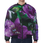 Purple Alstroemeria Print Zip Sleeve Bomber Jacket