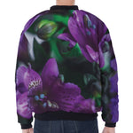 Purple Alstroemeria Print Zip Sleeve Bomber Jacket