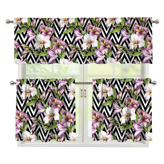 Purple Alstroemeria Zigzag Pattern Print 3 Piece Kitchen Curtains