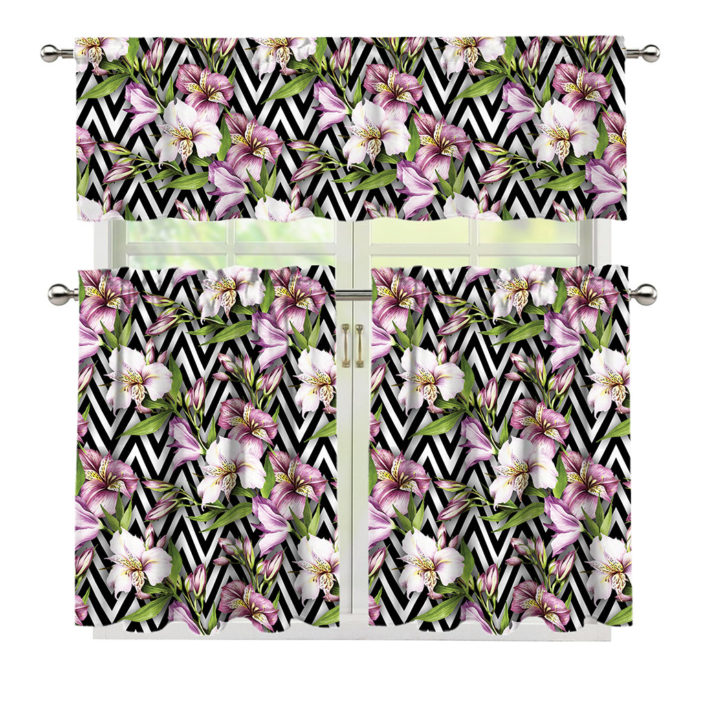 Purple Alstroemeria Zigzag Pattern Print 3 Piece Kitchen Curtains