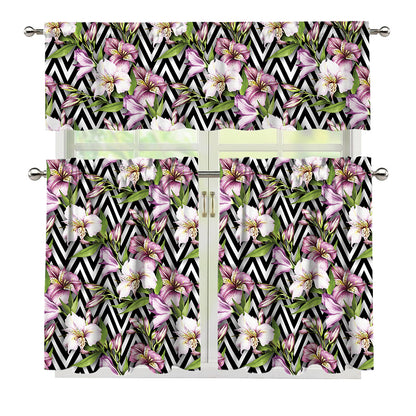 Purple Alstroemeria Zigzag Pattern Print 3 Piece Kitchen Curtains