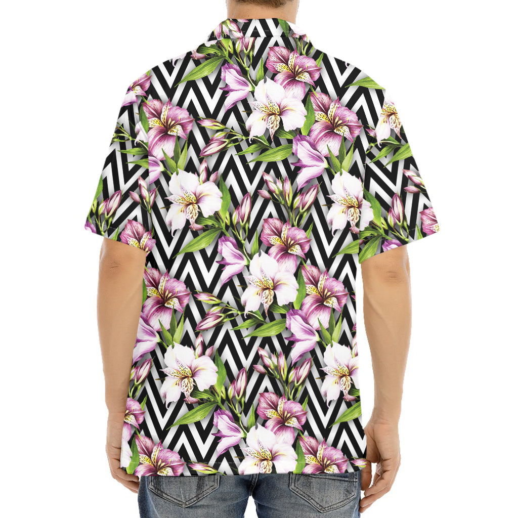 Purple Alstroemeria Zigzag Pattern Print Aloha Shirt