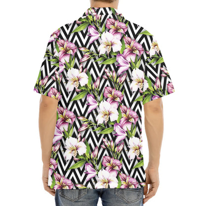 Purple Alstroemeria Zigzag Pattern Print Aloha Shirt