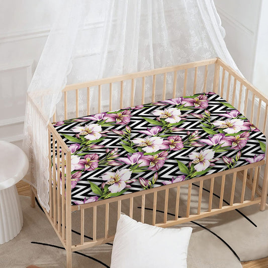 Purple Alstroemeria Zigzag Pattern Print Baby Crib Sheet