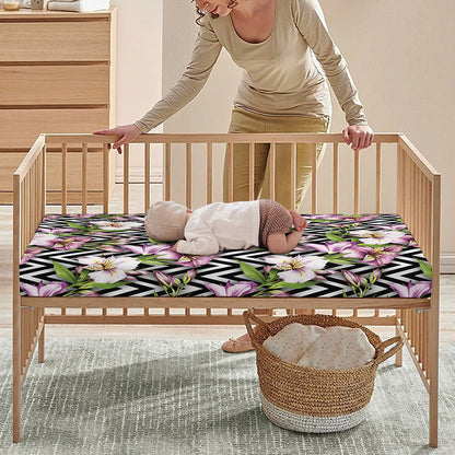 Purple Alstroemeria Zigzag Pattern Print Baby Crib Sheet