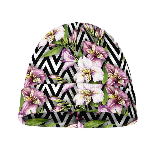 Purple Alstroemeria Zigzag Pattern Print Beanie