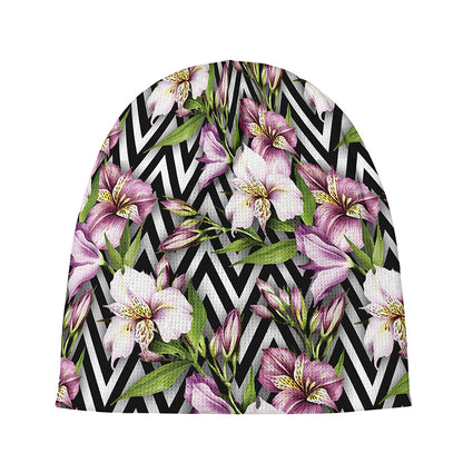 Purple Alstroemeria Zigzag Pattern Print Beanie