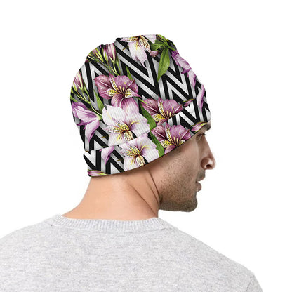 Purple Alstroemeria Zigzag Pattern Print Beanie