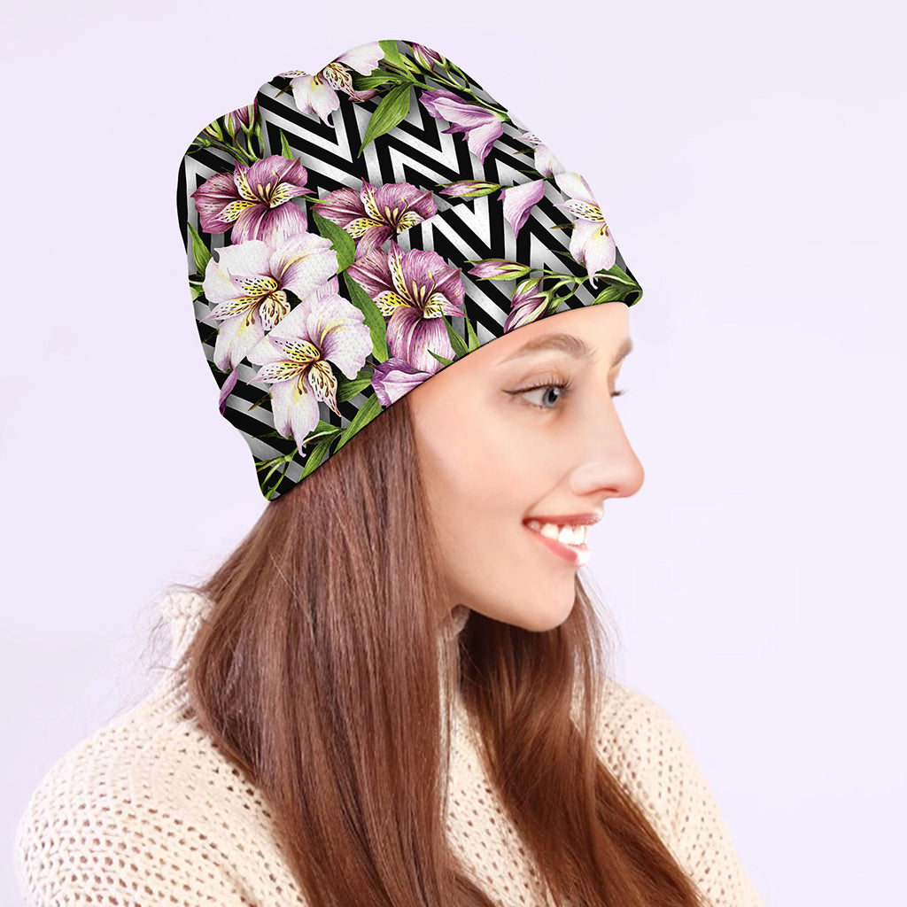 Purple Alstroemeria Zigzag Pattern Print Beanie