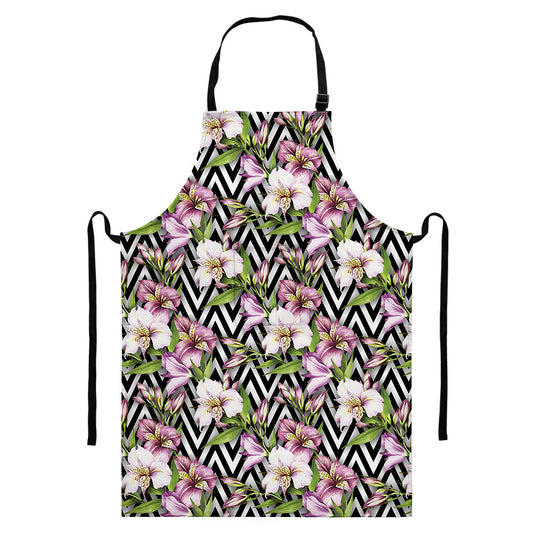 Purple Alstroemeria Zigzag Pattern Print Bib Apron With Pocket
