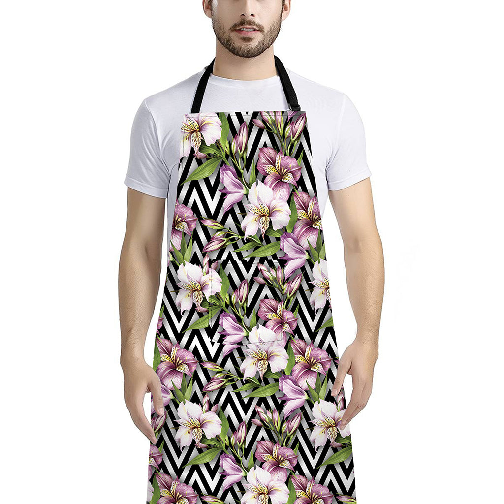 Purple Alstroemeria Zigzag Pattern Print Bib Apron With Pocket
