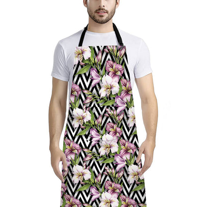 Purple Alstroemeria Zigzag Pattern Print Bib Apron With Pocket