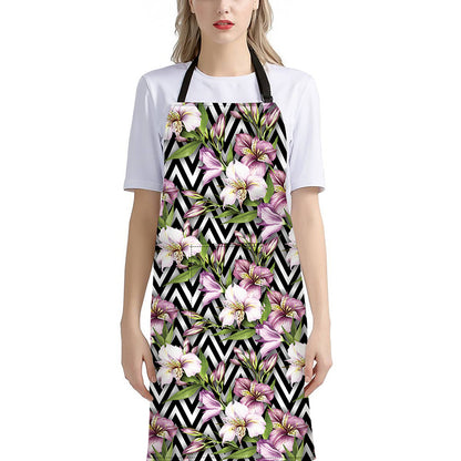 Purple Alstroemeria Zigzag Pattern Print Bib Apron With Pocket