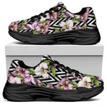 Purple Alstroemeria Zigzag Pattern Print Black Chunky Shoes