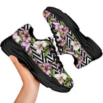 Purple Alstroemeria Zigzag Pattern Print Black Chunky Shoes