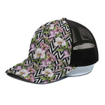 Purple Alstroemeria Zigzag Pattern Print Black Mesh Trucker Cap