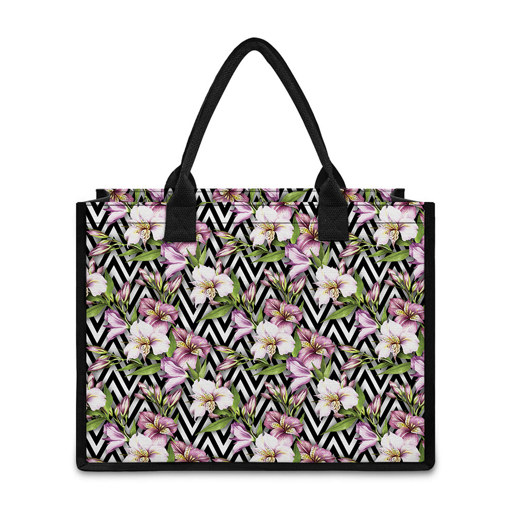Purple Alstroemeria Zigzag Pattern Print Canvas Tote Bag