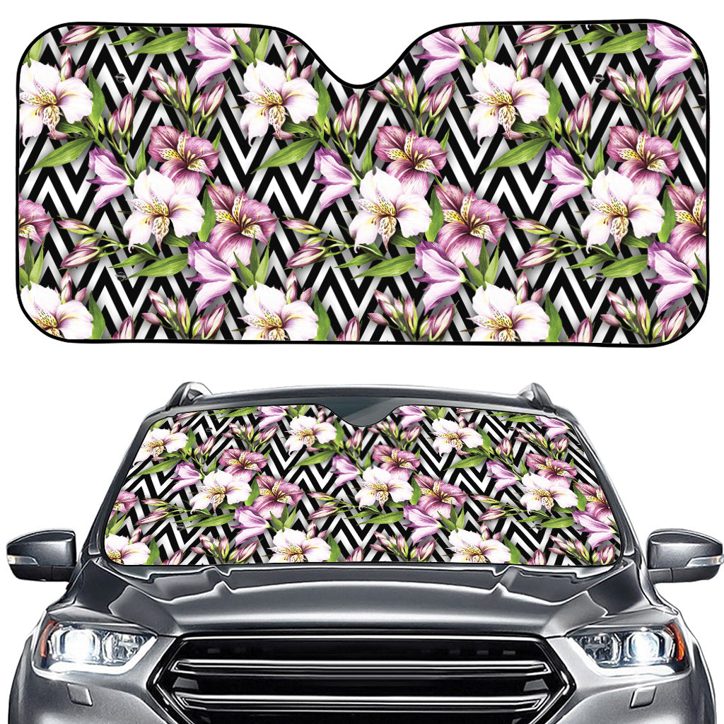 Purple Alstroemeria Zigzag Pattern Print Car Windshield Sun Shade