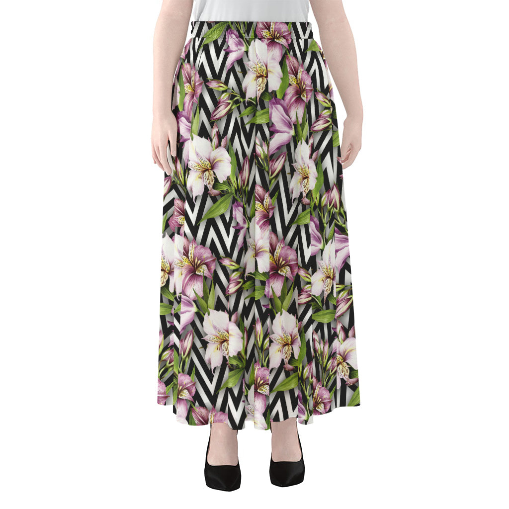 Purple Alstroemeria Zigzag Pattern Print Chiffon Maxi Skirt