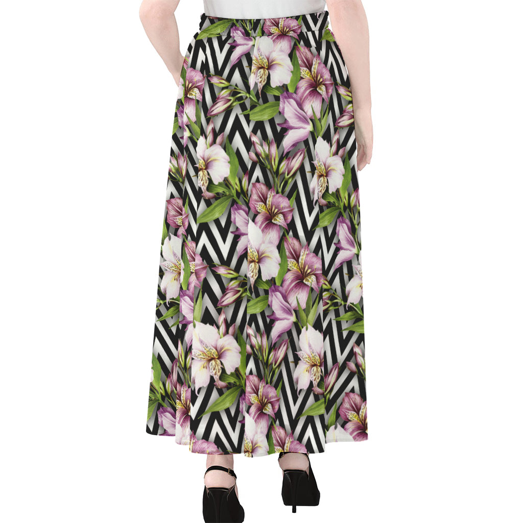 Purple Alstroemeria Zigzag Pattern Print Chiffon Maxi Skirt