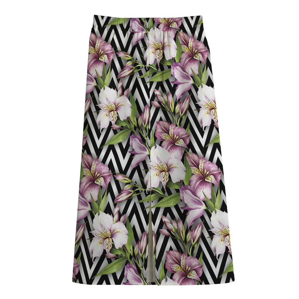 Purple Alstroemeria Zigzag Pattern Print Cotton Front Slit Maxi Skirt