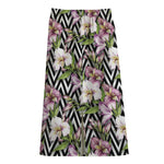 Purple Alstroemeria Zigzag Pattern Print Cotton Front Slit Maxi Skirt