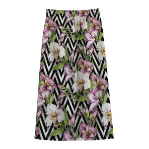 Purple Alstroemeria Zigzag Pattern Print Cotton Front Slit Maxi Skirt