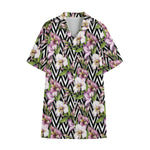 Purple Alstroemeria Zigzag Pattern Print Cotton Hawaiian Shirt