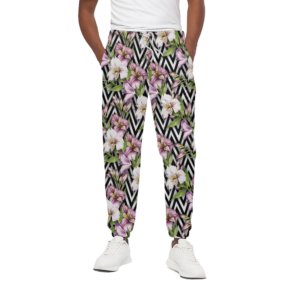 Purple Alstroemeria Zigzag Pattern Print Cotton Pants