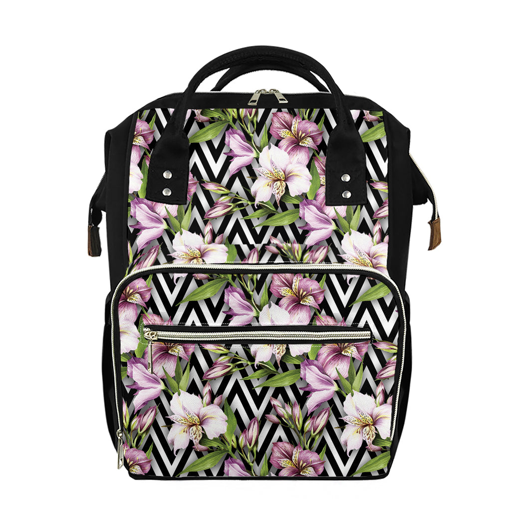 Purple Alstroemeria Zigzag Pattern Print Diaper Bag